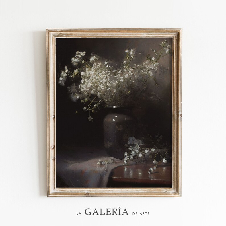 Flower Still Life Painting | White Flower Print | Dark Vintage Art image 1