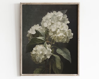 Moody Vintage Flower Print | Dark Floral Still Life Oil Painting | Antique Hydrangea Painting | Printable Wall Art
