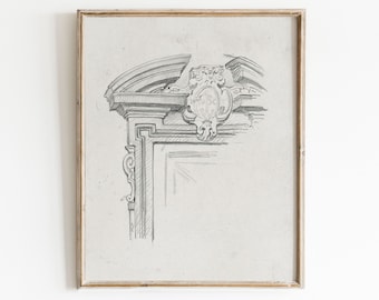 May include: A black and white pencil drawing of an ornate architectural detail, framed in a light wood frame. The drawing depicts a close-up of a doorway or window with intricate carvings and a decorative arch.