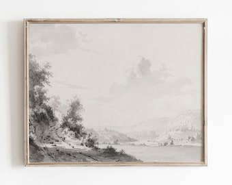 Rustic Country Landscape Drawing | Vintage Sketch Wall Art | Landscape Sketch Print