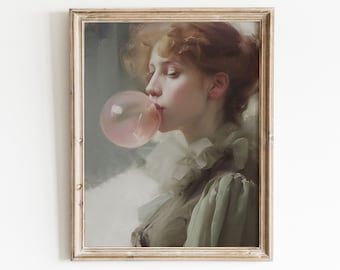 Woman With Bubble Gum Portrait |  Redhead | Woman Portrait Print