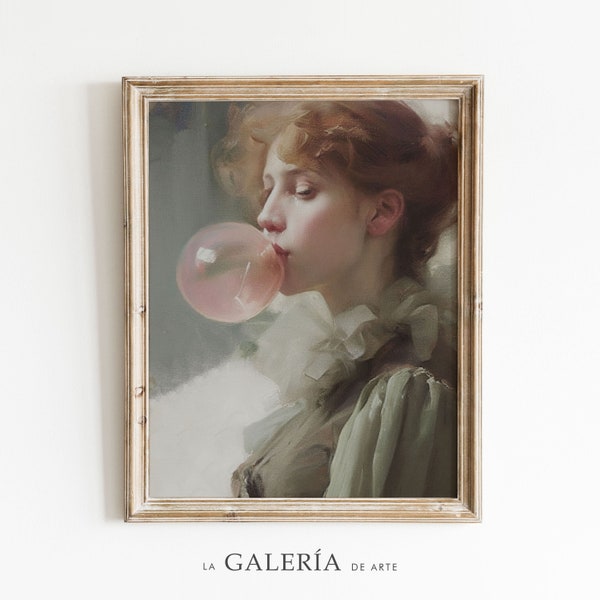 Woman With Bubble Gum Portrait |  Redhead | Woman Portrait Print