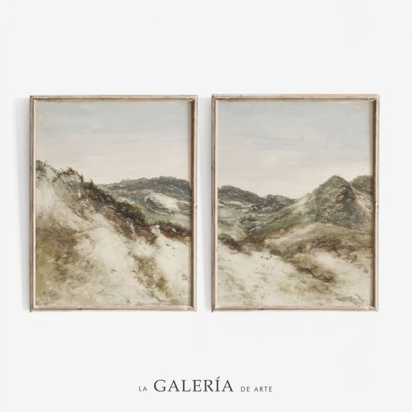 Vintage Mountain Landscape Painting Set | Rustic Muted Art Print | Neutral Gallery Wall Art | Set of 2