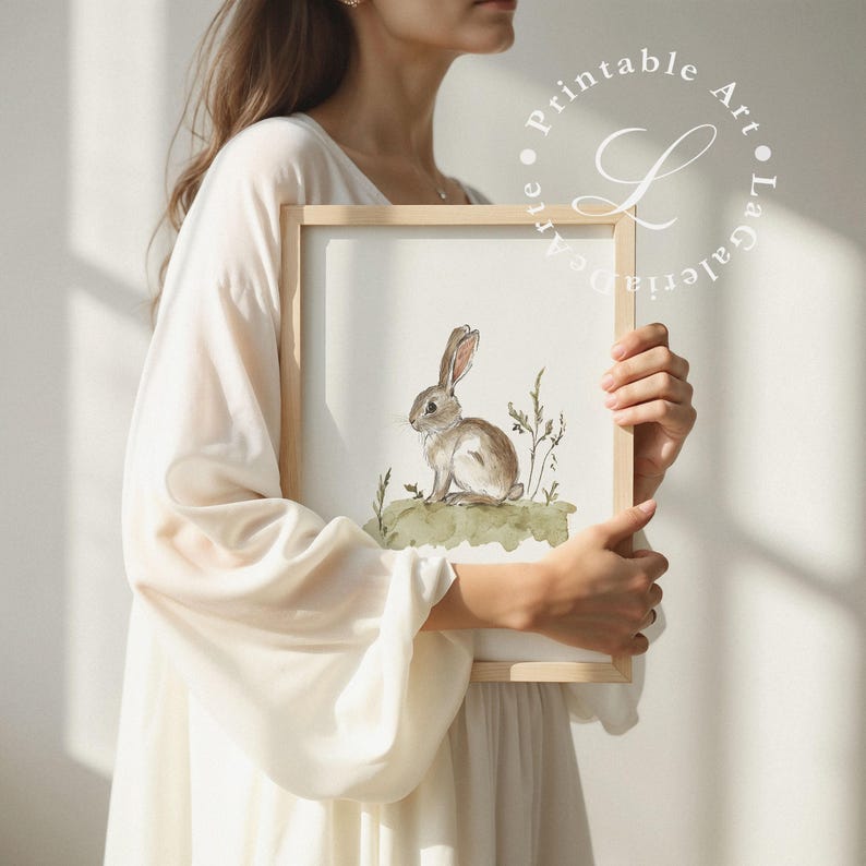 May include: A watercolor painting of a brown rabbit sitting in a field of green grass. The rabbit is looking to the left of the image. The painting is framed in a light wood frame.