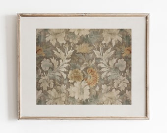 May include: A framed print of a vintage floral pattern in shades of brown, beige, and green. The pattern features a repeating design of stylized flowers and leaves.