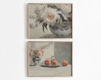 Country Kitchen Wall Art | Peach and Peony Painting | Farmhouse Kitchen Still Life Prints | Set of 2