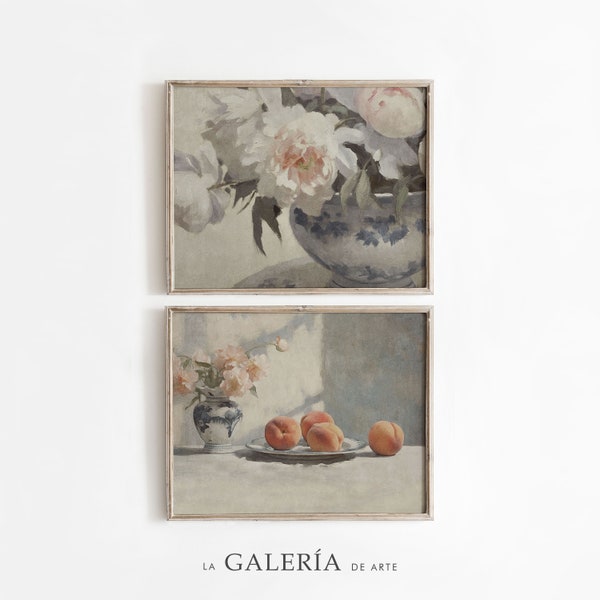 Country Kitchen Wall Art | Peach and Peony Painting | Farmhouse Kitchen Still Life Prints | Set of 2