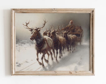 Vintage Christmas Print | Santa Claus Sleigh | Raindeer Print