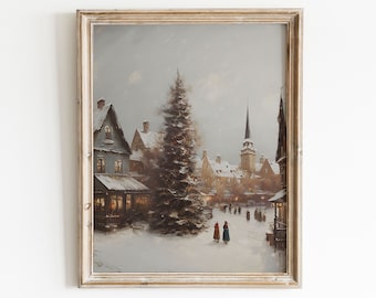 Vintage Christmas Print | Winter Village Art Print | Christmas Tree Print