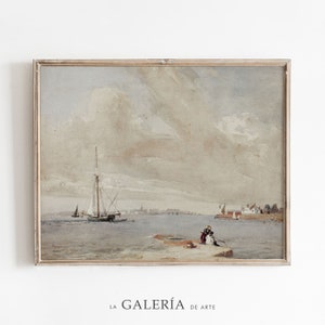 Rustic Coastal Wall Art | Neutral Seascape Painting | Vintage Nautical Print