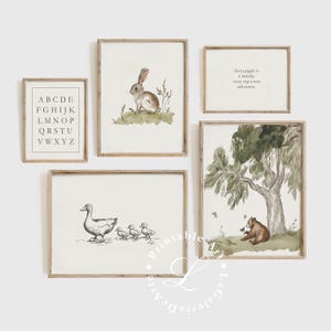 Tijdloze fotowand voor kinderkamer | Bos kinderkamerdecoratie | Vintage muurkunstafdrukken voor kinderkamer | Rustieke muurkunst speelkamer | Set van 5"