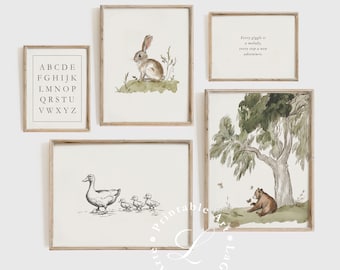 Timeless Nursery Gallery Wall | Woodland Nursery Decor | Vintage Wall Art Prints for Kids Room | Rustic Playroom Wall Art | Set of 5