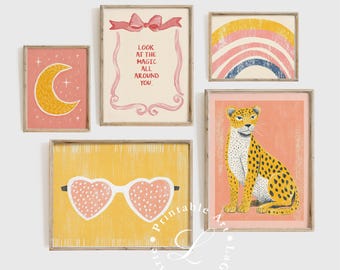 Girl Nursery Gallery Wall | Fun Girl Nursery Decor | Eclectic Kids Room Wall Art Prints | Playroom Decor | Pink Nursery Prints | Set of 5