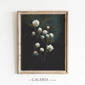 Peut inclure: Une impression florale vintage encadr&eacute;e. L'&oelig;uvre pr&eacute;sente des fleurs et des boutons sph&eacute;riques blancs sur un fond sombre. Le cadre est de couleur or clair vieilli. Le texte "LA GALER&Iacute;A DE ARTE" est en bas.