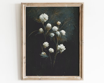 Estampado de flores blancas / Arte de pared floral oscuro / Pintura botánica