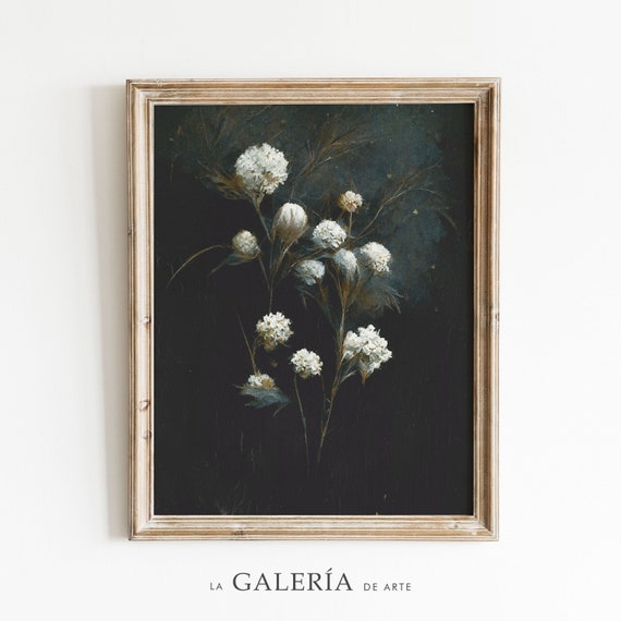 White Flower Print | Dark Floral Wall Art | Botanical Painting