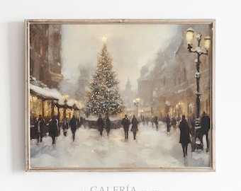Antique Winter Wall Art | Winter Cityscape Print | Christmas Printable Wall Art | Snowy City Painting | Christmas Holiday | Digital Download