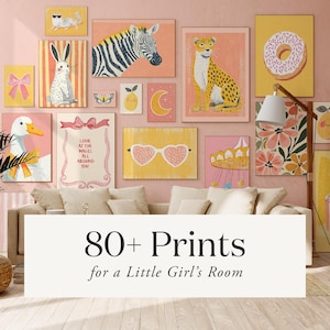 80 impresiones para habitación de niñas / Juego de galería de pared para niña / Juego de arte de pared para guardería / Paquete de arte ecléctico / Decoración de sala de juegos / Arte para habitación de niños