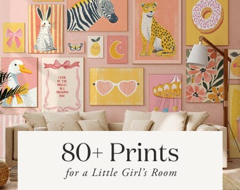80 Girls Room Prints |  Baby Girl Gallery Wall Set | Nursery Wall Art Set | Eclectic Art Bundle | Playroom Decor | Kids Room Art
