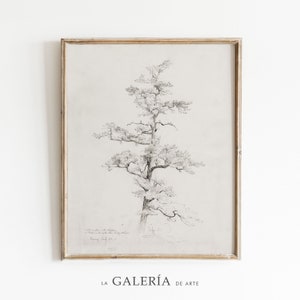 Minimalist Antique Tree Sketch Art | Neutral Landscape Drawing Wall Art | Vintage Sketch