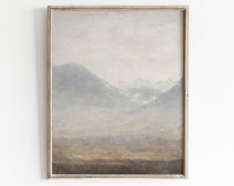 Pintura de paisaje de montaña vintage / Impresión de arte silenciado rústico / Arte de pared neutral