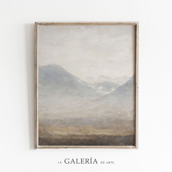 Vintage Mountain Landscape Painting | Rustic Muted Art Print | Neutral Wall Art