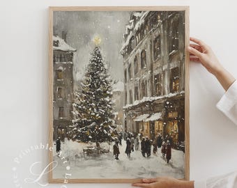 Winter Wall Art | Christmas Village Printable Art | Vintage Christmas Pinting | Winter Cityscape Painting | Holiday Decor | Digital Download