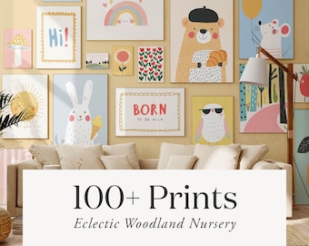 Paquete de 100 láminas para habitación de niños, arte de pared ecléctico con temática de bosque, láminas de animales divertidos para habitación de niños, decoración de habitación de niños con temática de bosque, megapaquete