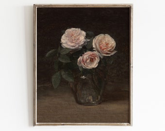 Still Life Roses Painting | Vintage Botanical Art Print | Moody Flower Painting