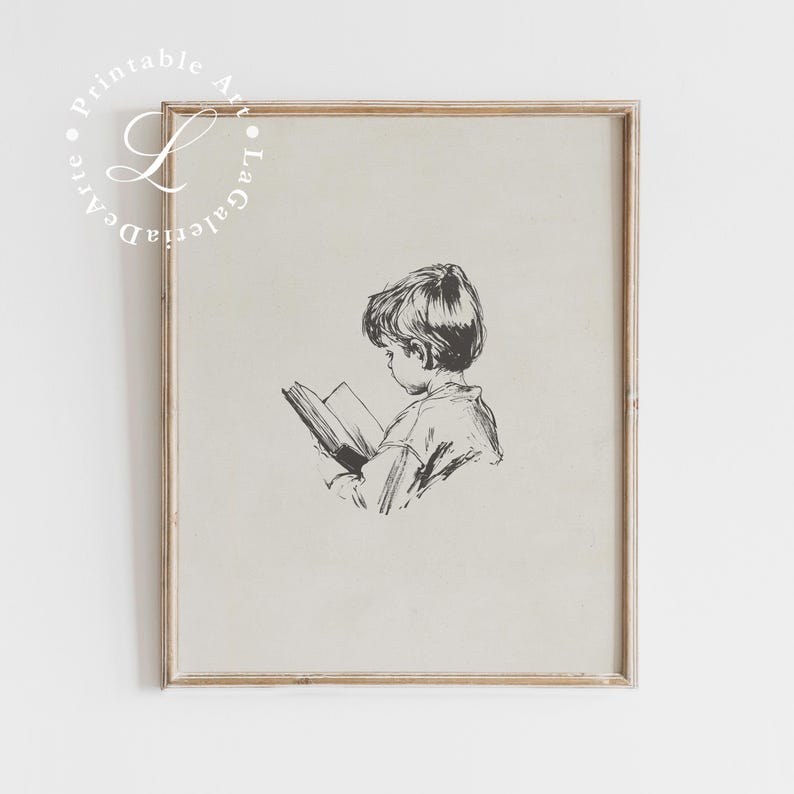 May include: A black and white line drawing of a child reading a book. The child is sitting and looking down at the book. The drawing is on a light beige background.