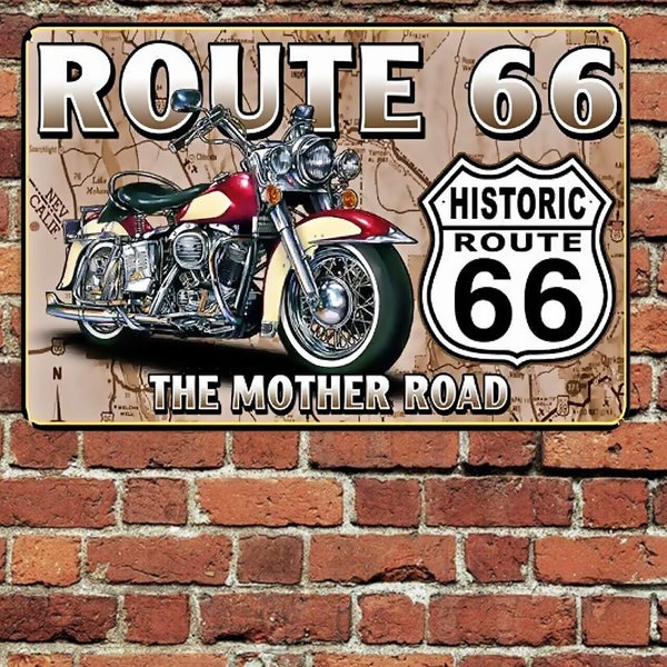 Route 66 The Mother Road Motorcycle Sign Aluminum Metal 8"x12" retro aged rustic