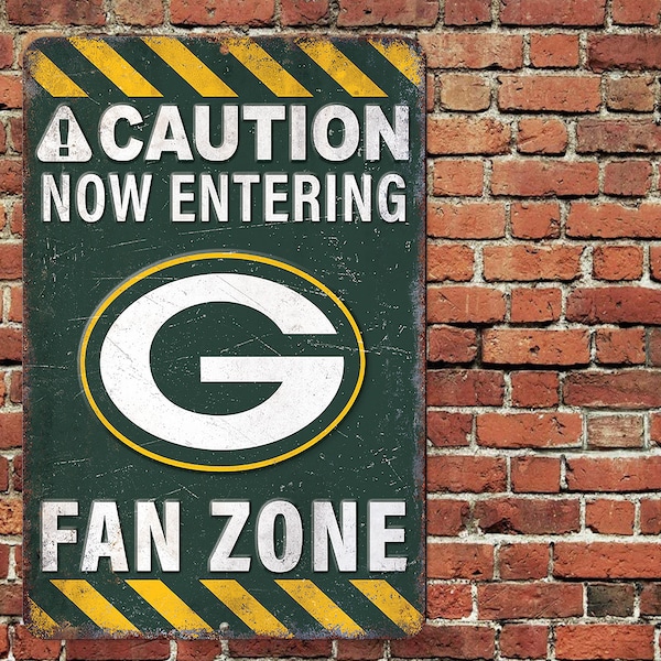 Caution Now Entering Green Bay Packers Fan Zone Sign Metal Aluminum 8"x12" BBQ Back Yard Patio Man Cave Garage