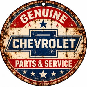 May include: A circular metal sign featuring a distressed, weathered finish with rust-like edges. The design includes the text GENUINE CHEVROLET PARTS & SERVICE in white and blue, accented by a central Chevrolet bowtie logo and multiple white stars.
