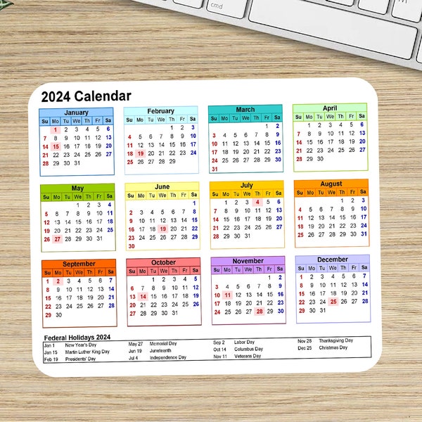 2024 calendar Mouse Pad 9.5"x8" non slip rubber bottom large With Holidays