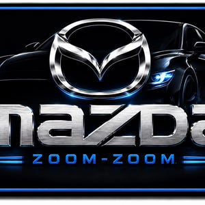 May include: A rectangular metal license plate featuring a black background with a silver Mazda logo above the metallic-textured word MAZDA and the blue text ZOOM-ZOOM. The design includes a stylized black car silhouette and blue light accents.