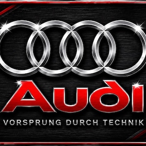 May include: A rectangular license plate featuring the silver Audi four-ring logo centered above the red Audi wordmark. The background has a black brushed metal texture with red honeycomb patterns on the sides and the text VORSPRUNG DURCH TECHNIK.