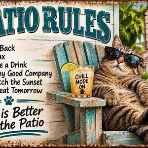 May include: A rectangular metal sign featuring a tabby cat wearing black sunglasses, lounging in a blue wooden chair. The sign displays the text PATIO RULES, a list of six instructions, the phrase Life is Better on the Patio, and a small hanging sign reading GOOD DRINKS GOOD FRIENDS GREAT DAYS.