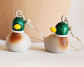 Handmade Mallard Duck Drop Earrings Green Head Resin Bird Jewelry