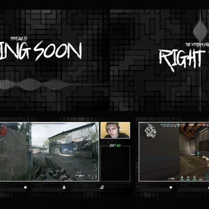 May include: A black and white streaming overlay with the text "Starting Soon" and "Right Back". The overlay includes game footage and a webcam view. The background has a geometric pattern.