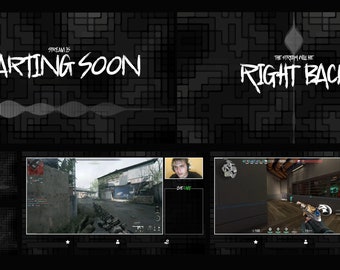 May include: A black and white streaming overlay with the text "Starting Soon" and "Right Back". The overlay includes game footage and a webcam view. The background has a geometric pattern.