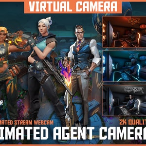 以下が含まれることがあります： バーチャルカメラ設定における、アニメーション化されたヴァロラントエージェント、ジェット、レイズ、チェンバーのデジタルイラスト。エージェントは、「3D Animated Stream Webcam」と「Animated Agent Camera」というテキストとともに、3Dアニメーション化されたストリーミングウェブカメラ設定で表示されています。