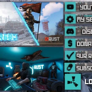 Op de afbeelding: Een blauwe en witte stream-overlay voor een videogame-stream. De overlay heeft een blauwe en witte tekst die "STREAM STARTING SOON" zegt en een blauw en wit logo voor de game Rust. De overlay bevat ook een blauwe en witte tekst die "RUST" zegt en een blauw en wit logo voor de game Rust. De overlay bevat ook een blauwe en witte tekst die "SUBSCRIBE YOUTUBE" zegt en een blauw en wit logo voor de game Rust. De overlay bevat ook een blauwe en witte tekst die "MY SETUP" zegt en een blauw en wit logo voor de game Rust. De overlay bevat ook een blauwe en witte tekst die "DISCORD" zegt en een blauw en wit logo voor de game Rust. De overlay bevat ook een blauwe en witte tekst die "DONATION" zegt en een blauw en wit logo voor de game Rust. De overlay bevat ook een blauwe en witte tekst die "OUR RULES" zegt en een blauw en wit logo voor de game Rust. De overlay bevat ook een blauwe en witte tekst die "SUBSCRIBE" zegt en een blauw en wit logo voor de game Rust. De overlay bevat ook een blauwe en witte tekst die "LOGO" zegt en een blauw en wit logo voor de game Rust.