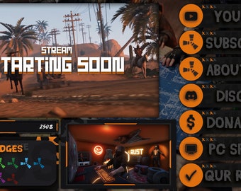 Rust Game Animated Twitch Overlay Package | Rust Discord Gift Pack : Webcam, Screens, Gift, Panels, Badges, Streamlabs Donate Bar