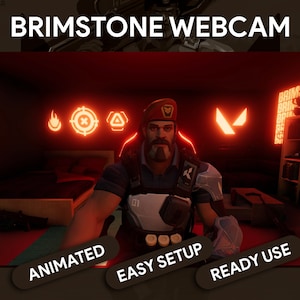 May include: Animated webcam overlay featuring the Valorant character Brimstone. The overlay is red with orange accents and includes Brimstone's abilities: Incendiary, Sky Smoke, Stim Beacon, and Orbital Strike. The overlay is labeled "BRIMSTONE WEBCAM" and has the words "ANIMATED", "EASY SETUP", and "READY USE" on the bottom.