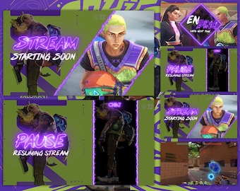 May include: A collage of images for a live stream. The images show a character from the video game Valorant, with the text "STREAM STARTING SOON" and "PAUSE RESUMING STREAM". The images are in a green and purple color scheme.