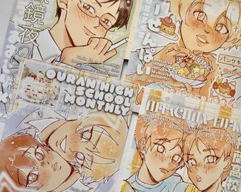 Könnte beinhalten: Eine Sammlung von vier Illustrationen im Manga-Stil mit männlichen Charakteren. Das obere linke Bild zeigt einen Mann mit Brille, während die anderen verschiedene Szenen mit Essen und Text darstellen. Der Satz "Ouran High School Monthly" ist sichtbar.