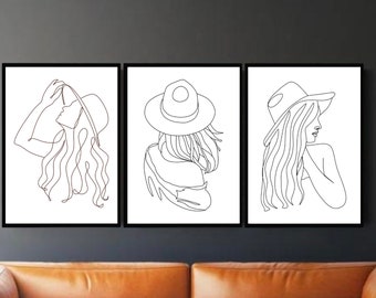 THREE Piece Woman Outline Wall Art, Womens Decor Wall Art, Downloadable Wall Art, 3 piece Poster, Digitized Wall Art, Bedroom posters