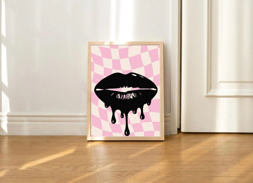 Pink & Black Melting Lips Wall Art, Framed Wall Art, Trendy Retro Home