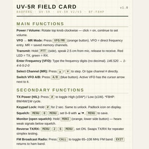 May include: A white card with black text detailing the main and secondary functions of a UV-5R radio. The card includes instructions for power, volume, VFO, transmit, and channel selection. The card is labeled "UV-5R FIELD CARD".