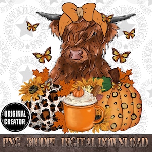 Highland Kuh Herbst Design Png | Herbst PNG Sublimationen, Herbst Kuh Sublimations-Download, Design PNGs, Highland Kuh Shirt Design